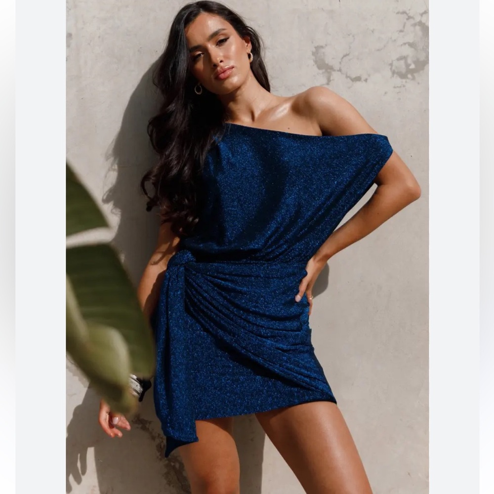 Petal & Pup Sparkling Navy One-Shoulder Mini Dress